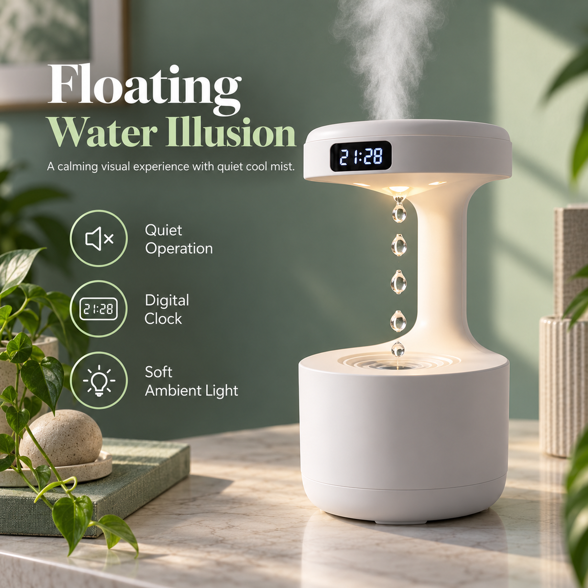 Anti-Gravity Humidifier with Floating Water Drop Effect, Quiet Desktop Cool Mist Humidifier with Soft Night Light & Digital Clock, Modern Bedside Decor for Bedroom, Office & Home