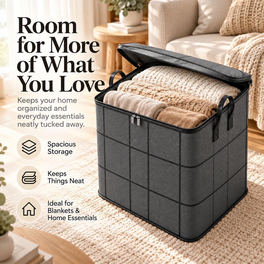 Open fabric organizer holding folded blankets in a living room