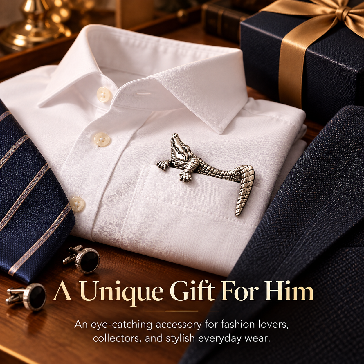 Crocodile accessory displayed with shirt, tie, cufflinks and gift box
