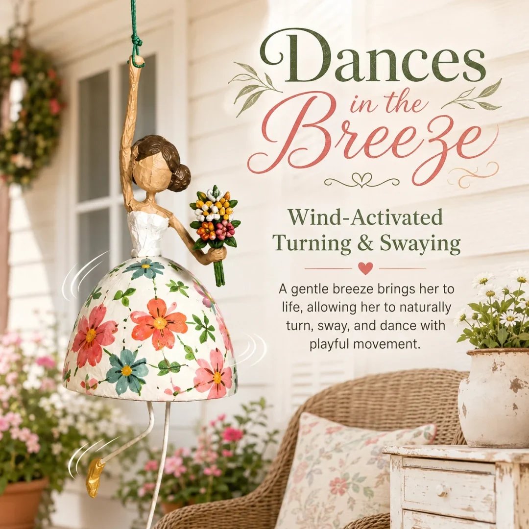 Floral hanging lady ornament gently turning and swaying in the breeze on a covered porch