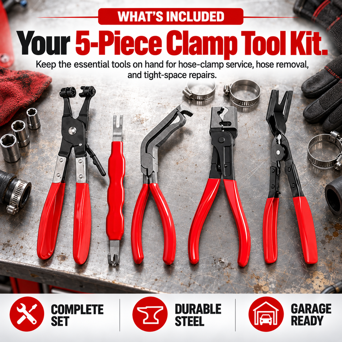 🔧 5-Piece Hose Clamp Pliers Set – Automotive Hose Clamp Removal Tool Kit