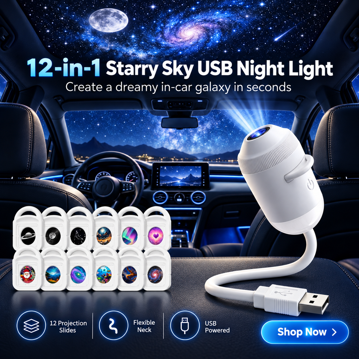 12-in-1 USB Starry Sky Projector Night Light, Flexible Galaxy Projection Lamp with 12 Slides, Portable USB-Powered Ambient Light for Car, Bedroom, Parties & Romantic Decor