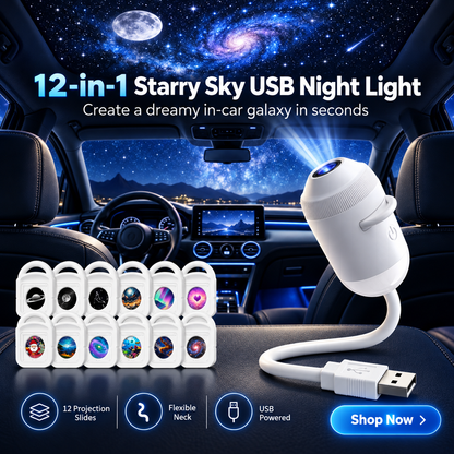 12-in-1 USB Starry Sky Projector Night Light, Flexible Galaxy Projection Lamp with 12 Slides, Portable USB-Powered Ambient Light for Car, Bedroom, Parties & Romantic Decor