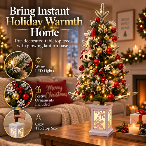✨ MerryGlow™ Pre-Lit Tabletop Christmas Tree – Festive Mini Tree with Glowing Lantern Base