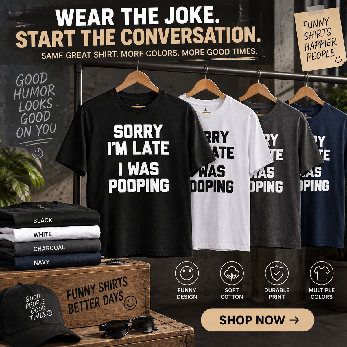 Men's Funny Pooping Graphic Tee - Sarcastic 'Sorry I'm Late' Digital Print, 100% Cotton Casual Short-Sleeve Round Neck Lightweight Loose-Fit Streetwear, Humorous Gift for Him,sohochic