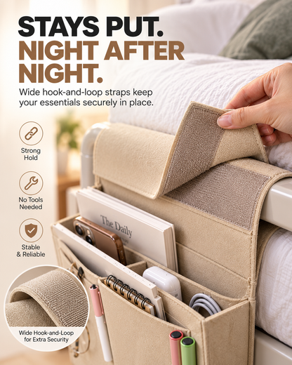 BedEase™ Hanging Bedside Organizer – Multi-Pocket Bed Caddy for Phone, Books & Nighttime Essentials