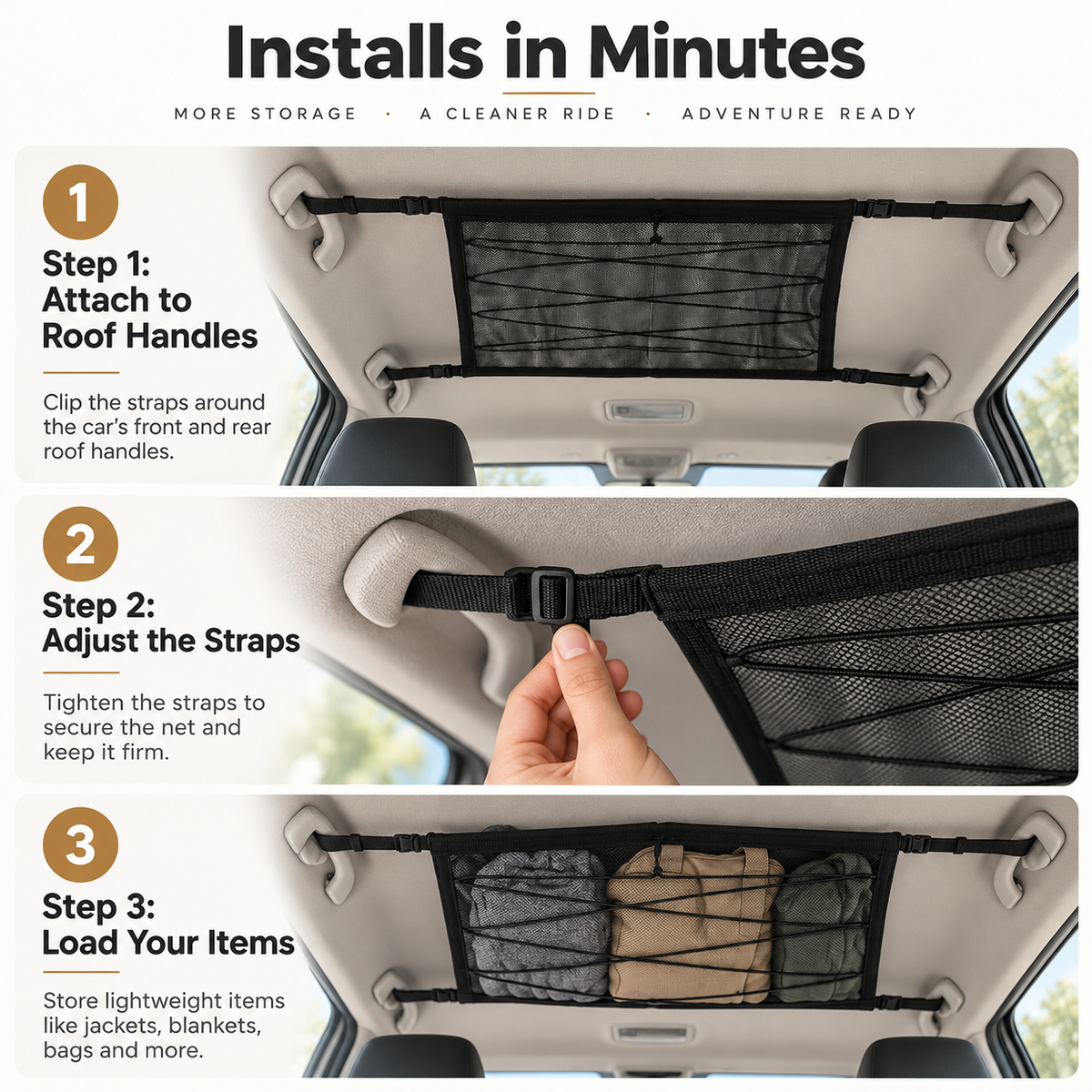 🚙 RoofVault™ Large-Capacity Car Ceiling Storage Net – Reinforced Overhead Cargo Organizer