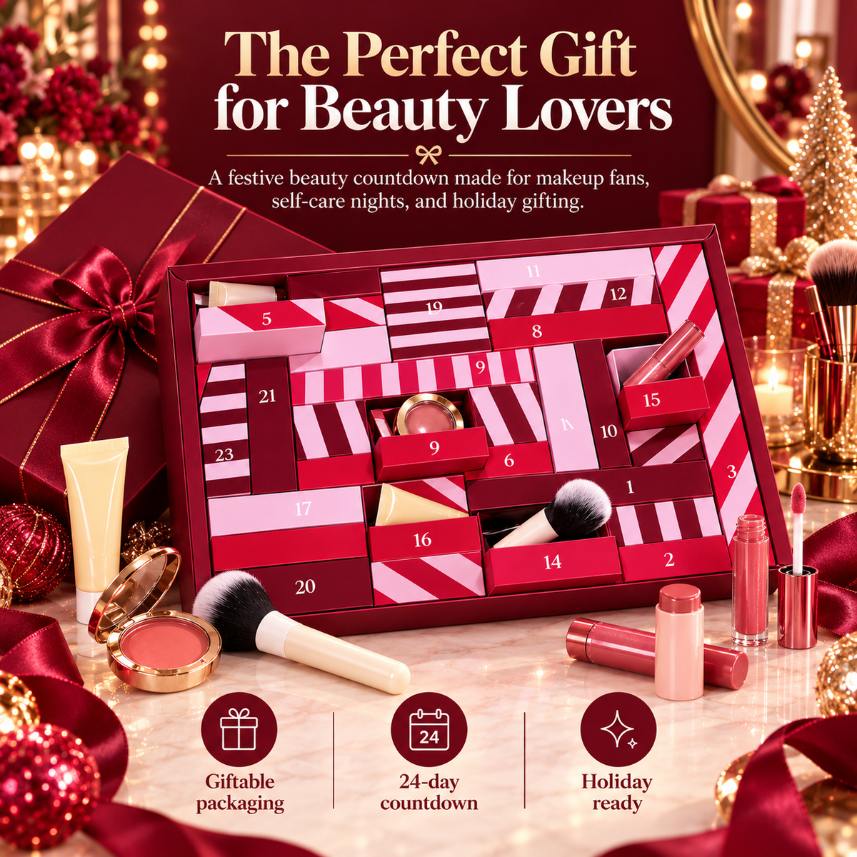 24-Day Beauty Advent Calendar for Women, Christmas Makeup Countdown Gift Box with Daily Beauty Surprises, Cosmetics, Brushes & Glow Essentials for Girls, Teens & Makeup Lovers