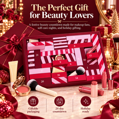 24-Day Beauty Advent Calendar for Women, Christmas Makeup Countdown Gift Box with Daily Beauty Surprises, Cosmetics, Brushes & Glow Essentials for Girls, Teens & Makeup Lovers
