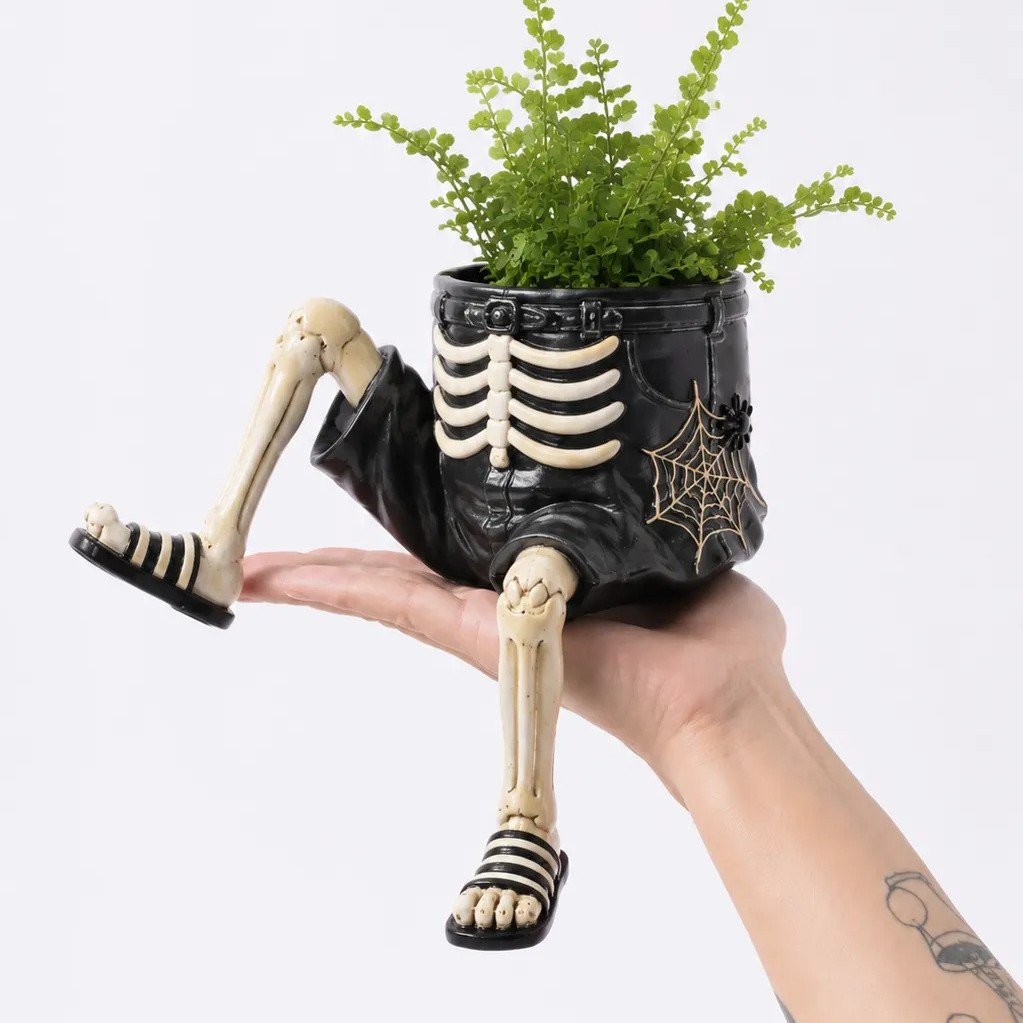 Halloween whimsical hanging leg planter skeleton fall decoration