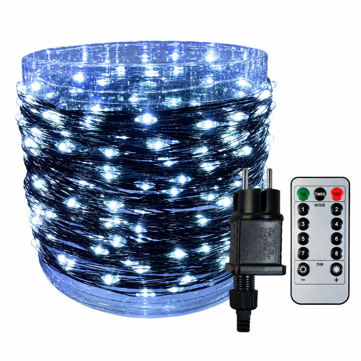 Cool white LED string lights shown with a controller and remote