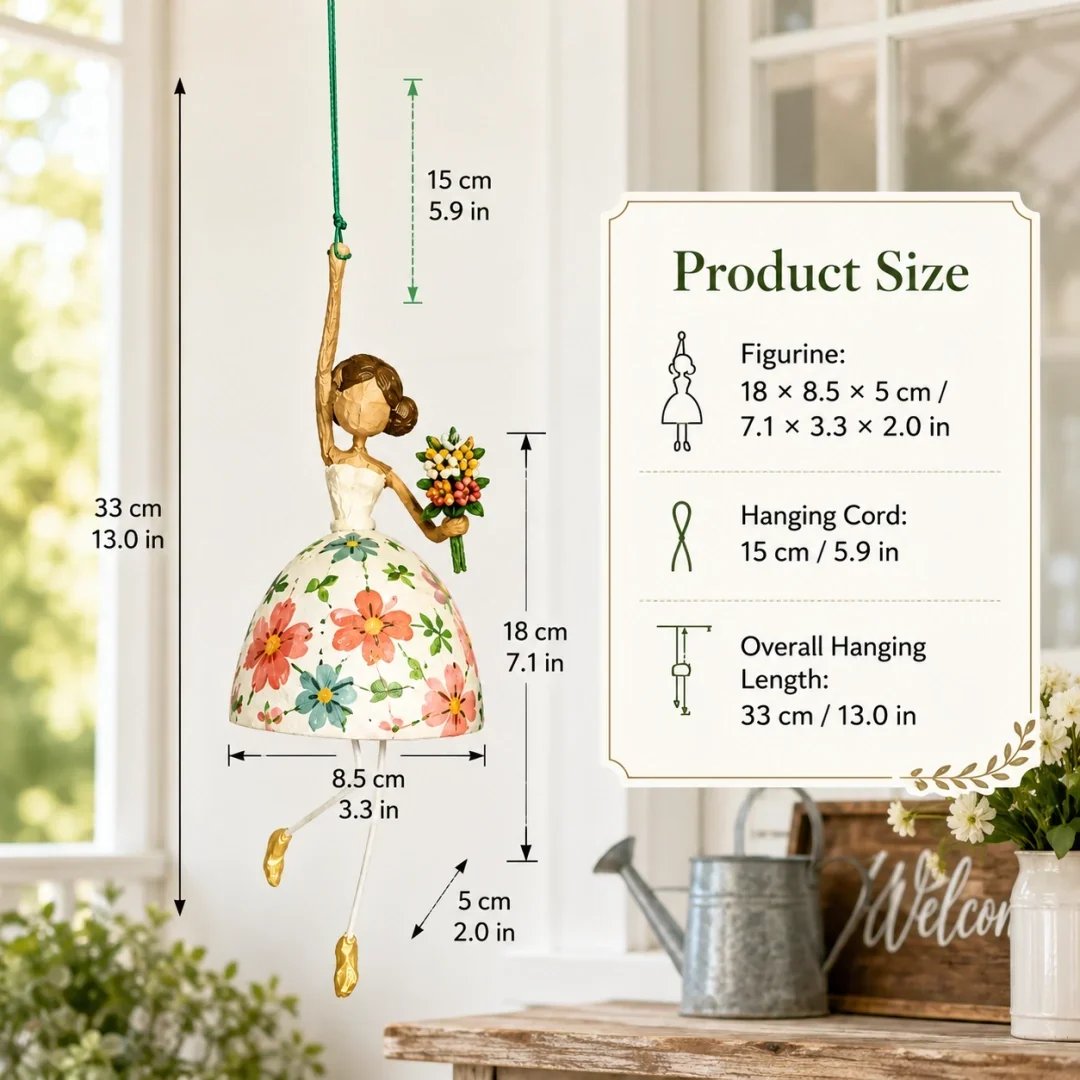 Whimsical dancing lady ornament size chart showing 18 by 8.5 by 5 cm figure and 33 cm total length