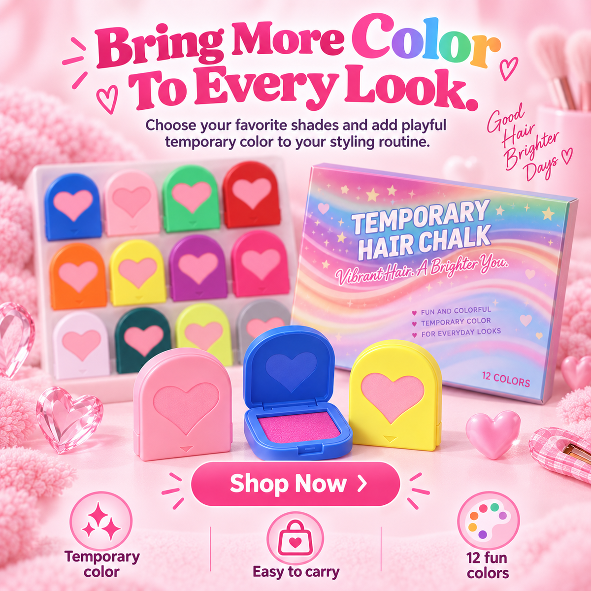 🌈 ColorPop™ Temporary Hair Chalk Set – 12-Color Instant Hair Transformation Kit