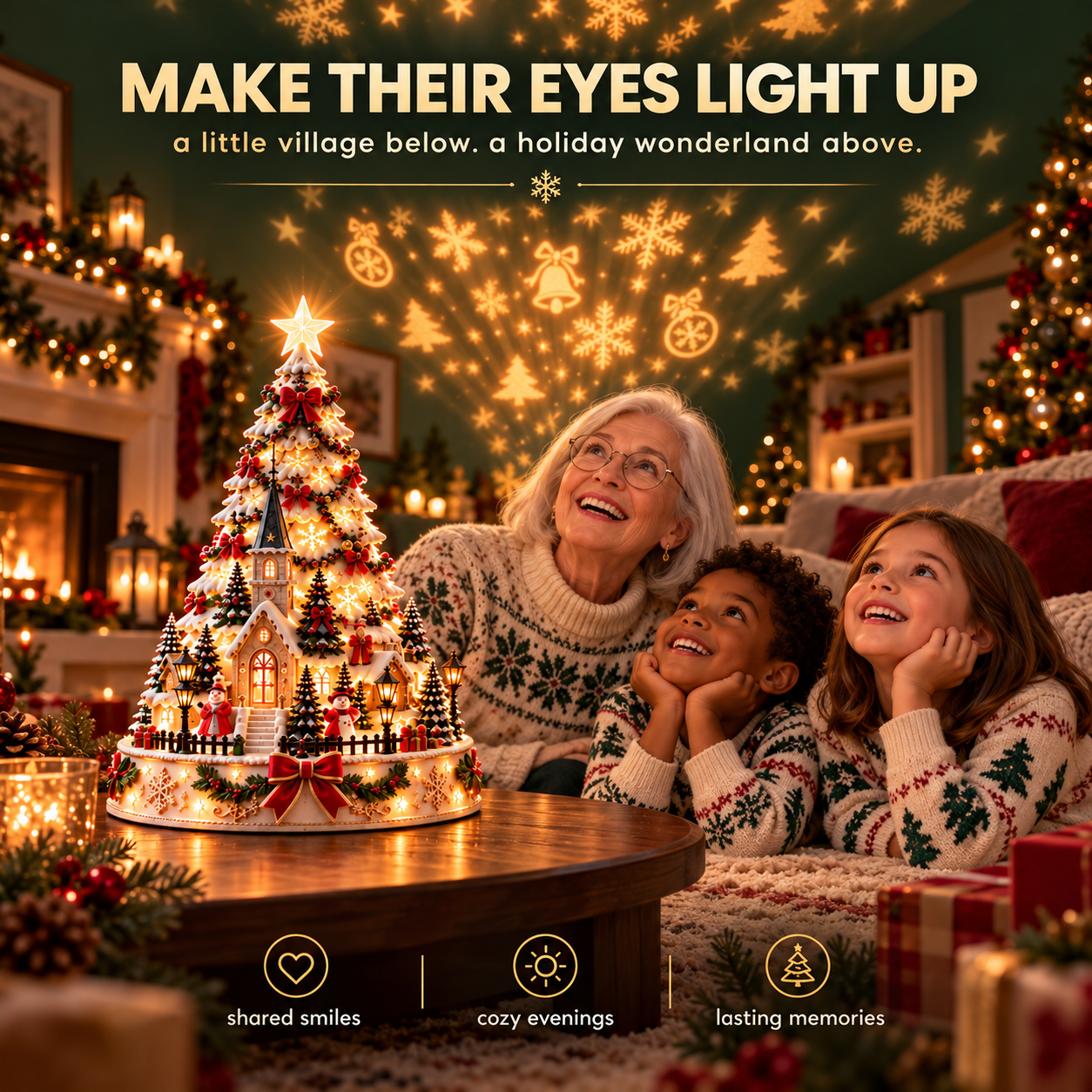 Grandmother and children looking at the Christmas village tree while festive light patterns glow on the room walls