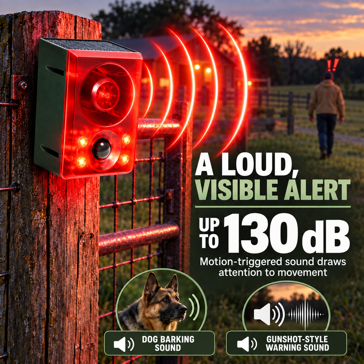 🚨Solar Outdoor Motion Sensor Alarm - Dog Barking & Gunshot Sound, Support Recording and Volume Adjustment, 130dB Noise with Flashing Light to Deter Raccoon, Deer, Skunk, Bear, Coyote