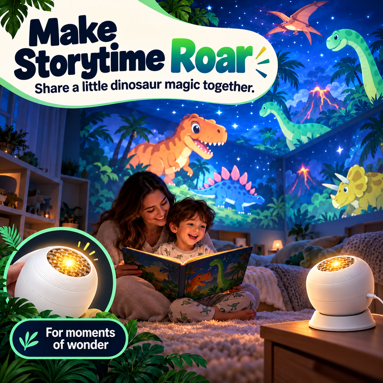 Parent and child reading together in a room with dinosaur-themed projection