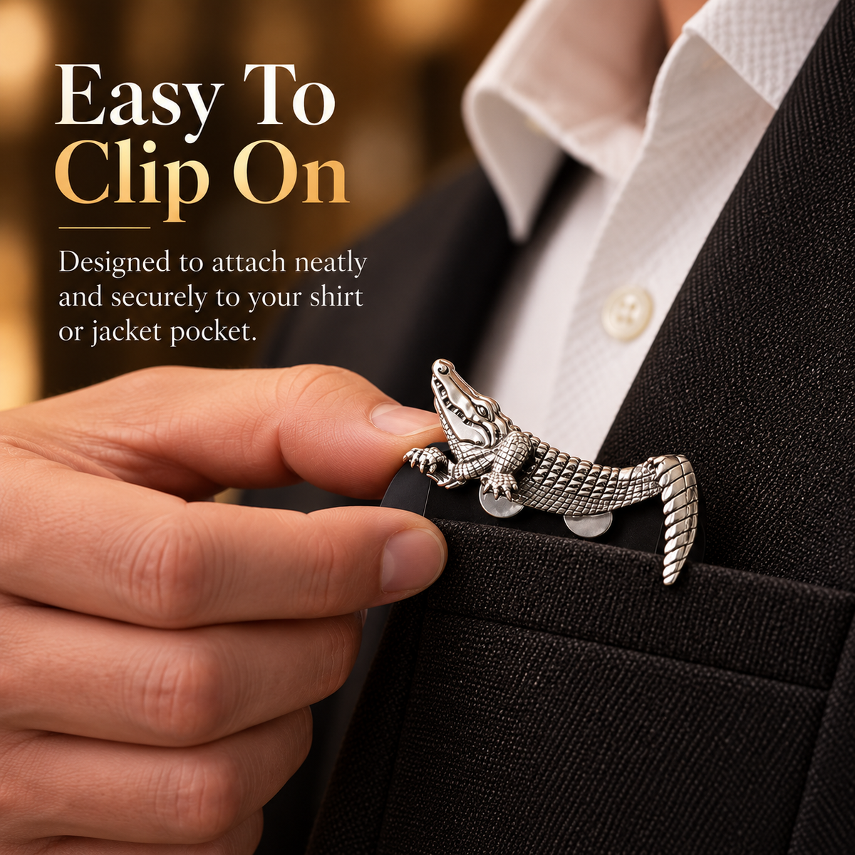 Vintage Crocodile Badge Brooch, Elegant Clip-On Animal Pin for Shirts, Jackets, Suits & Pocket Styling