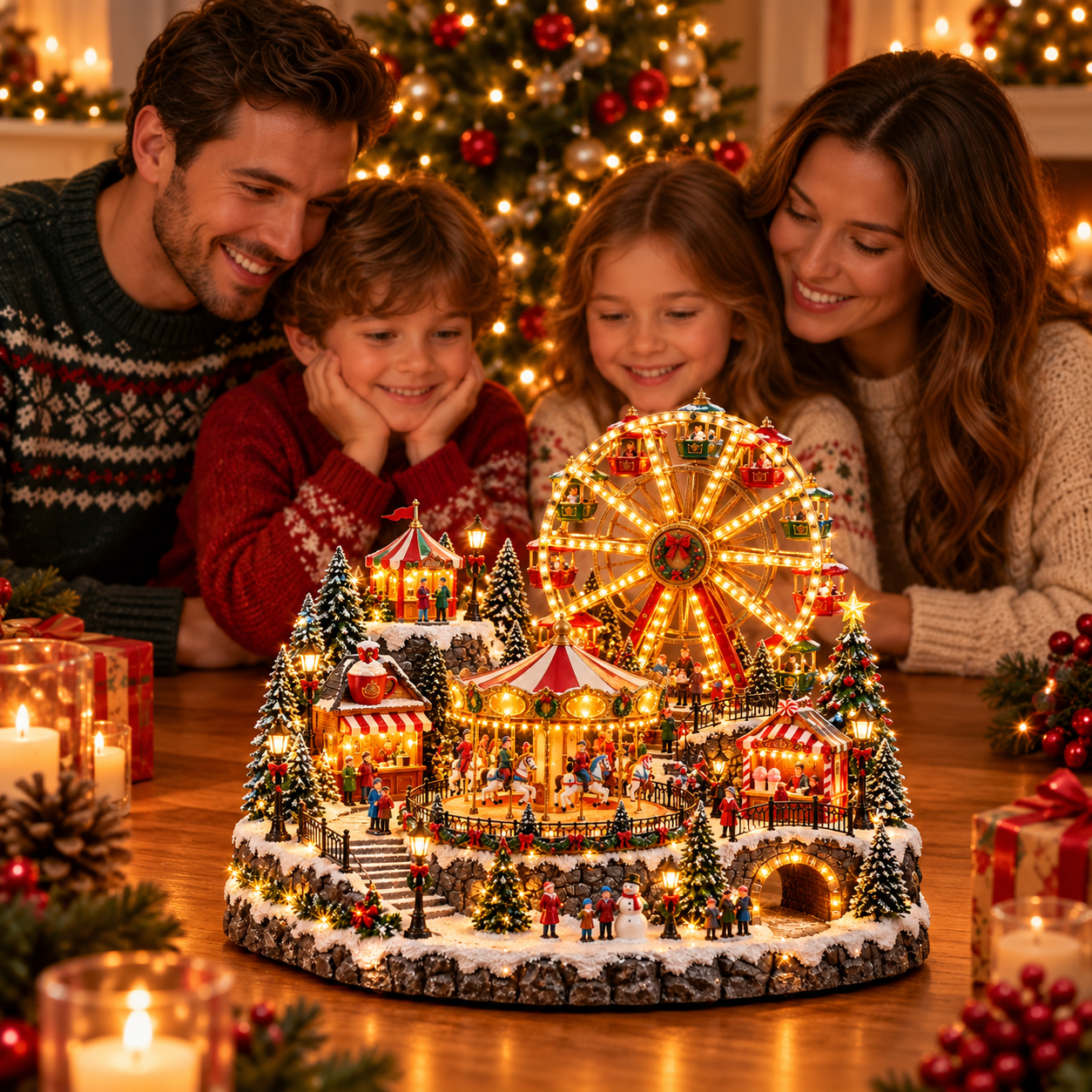 Christmas Wonderland Carnival with illuminated Ferris wheel and carousel viewed by a family