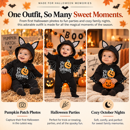 🦇 Little Boo™ My First Halloween Bat Romper – Adorable Hooded Baby Costume with Wings