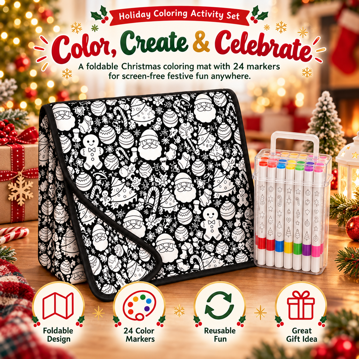 🎄 ColorJoy™ Christmas Coloring Mat Kit – Reusable Holiday Activity Set with 24 Markers