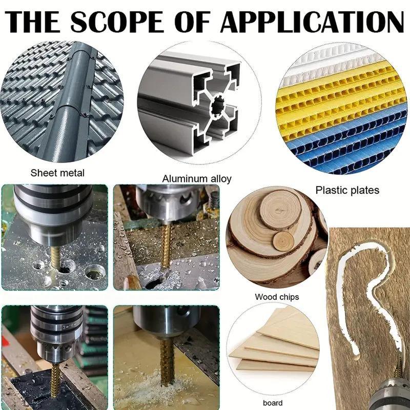 Drill bit applications across sheet metal aluminum plastic and wood