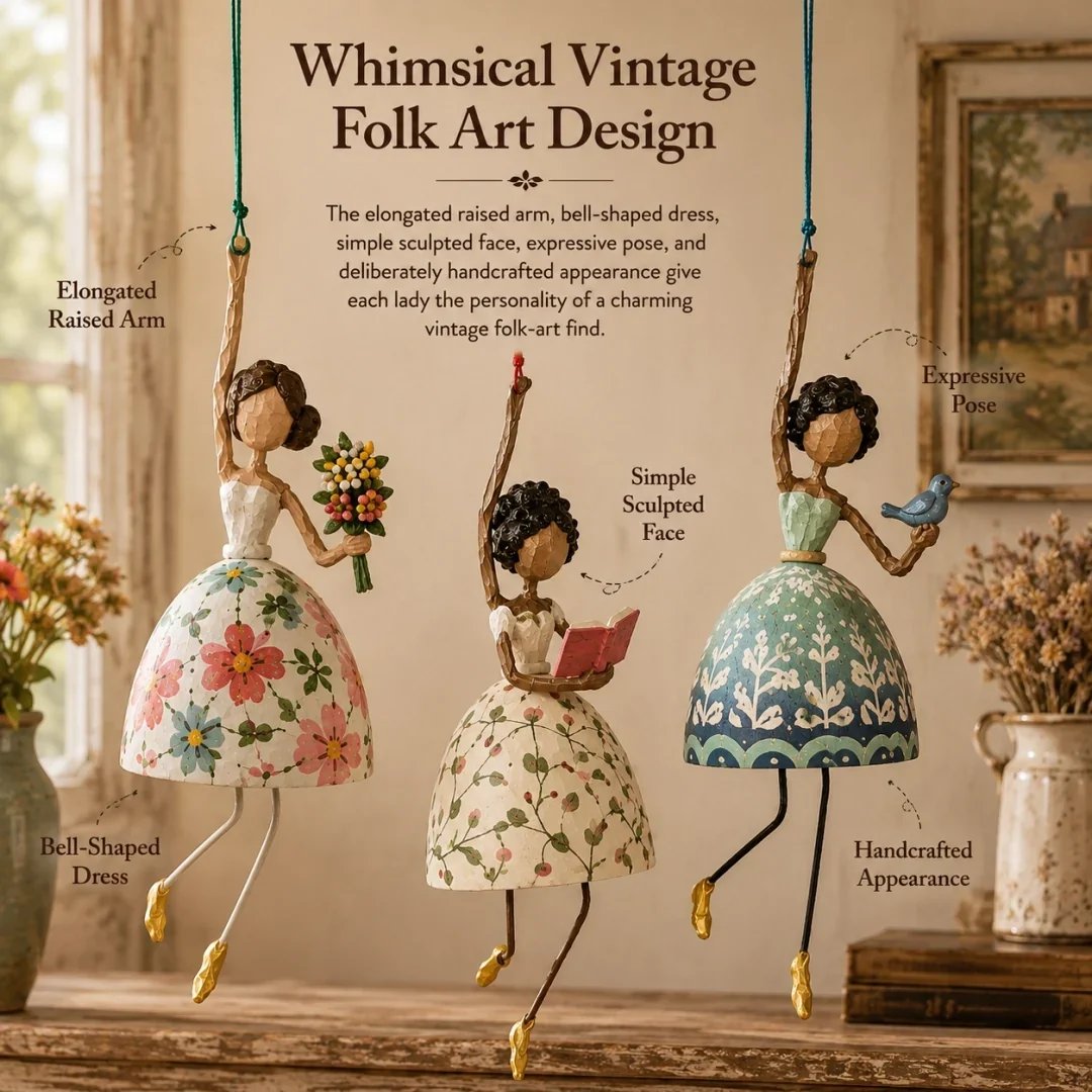 Vintage folk art style dancing lady hanging ornaments with raised arms and bell-shaped dresses