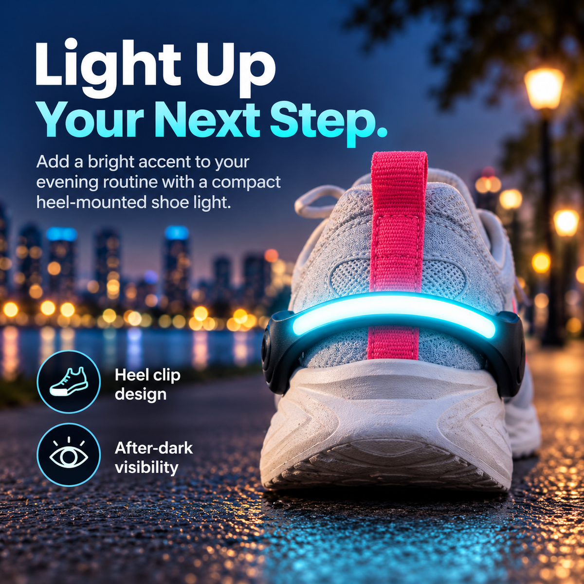 LED heel shoe light glowing cyan on the back of a running shoe at night