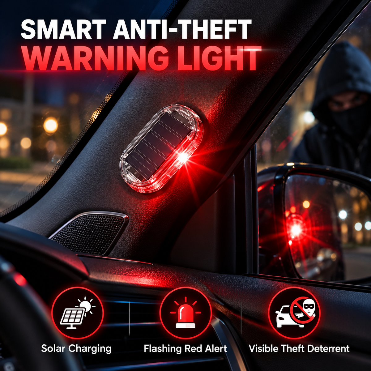 Solar Anti-Theft Warning Light – Smart Car Security LED Alarm Deterrent Device