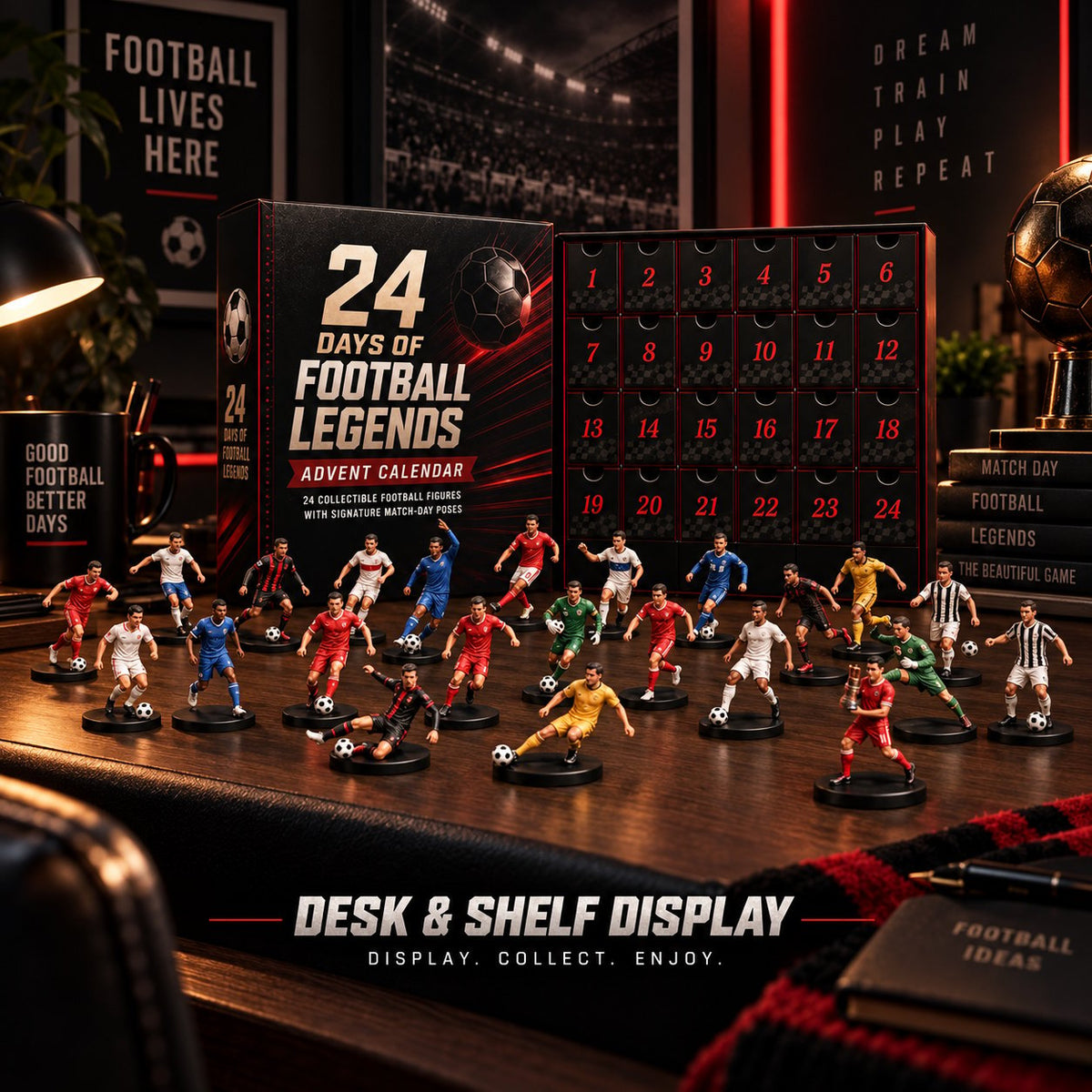 Football advent calendar figures arranged as a desk and shelf display