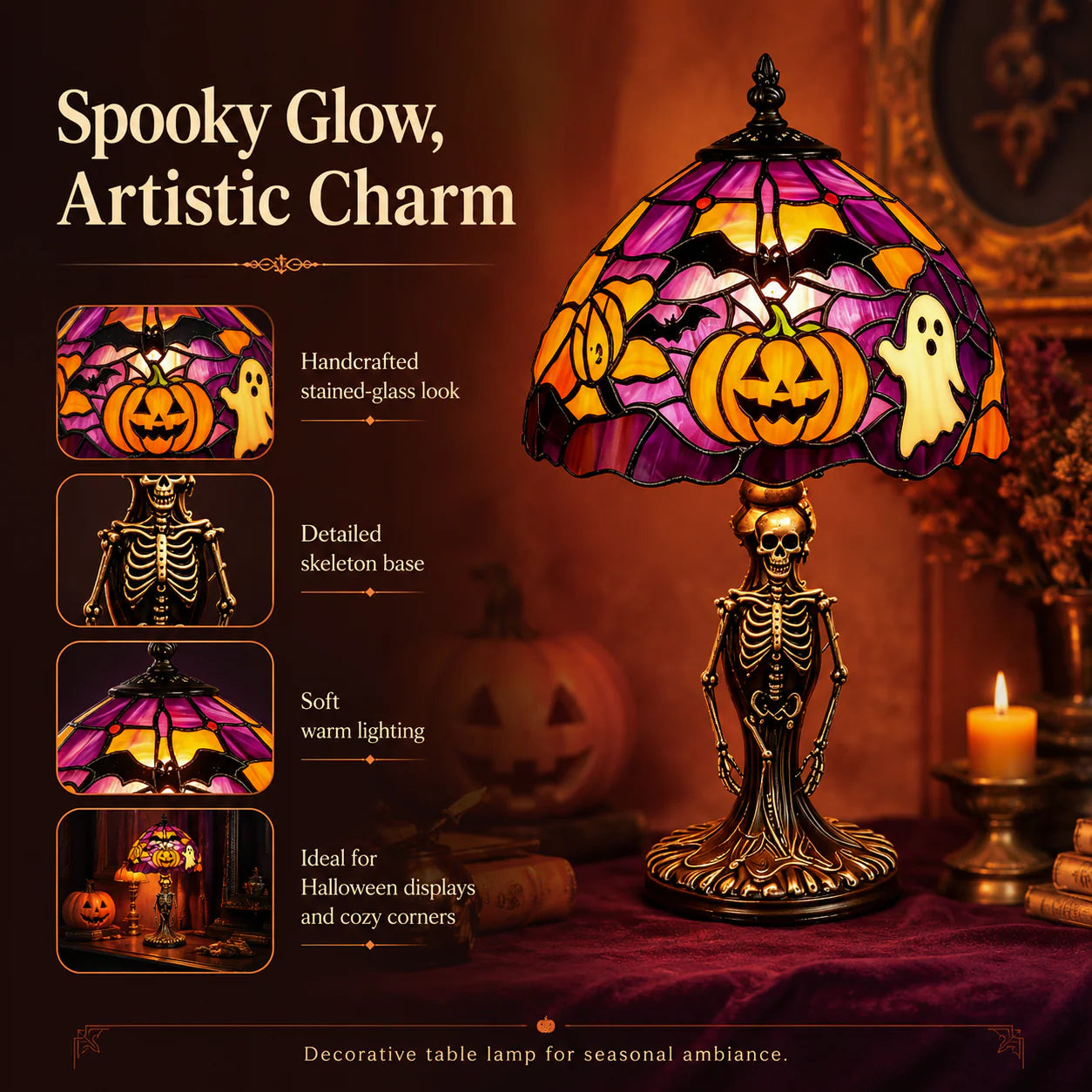 👻Spooky Glow Tiffany Lamp Pumpkin Ghost Bat Halloween Desk Light