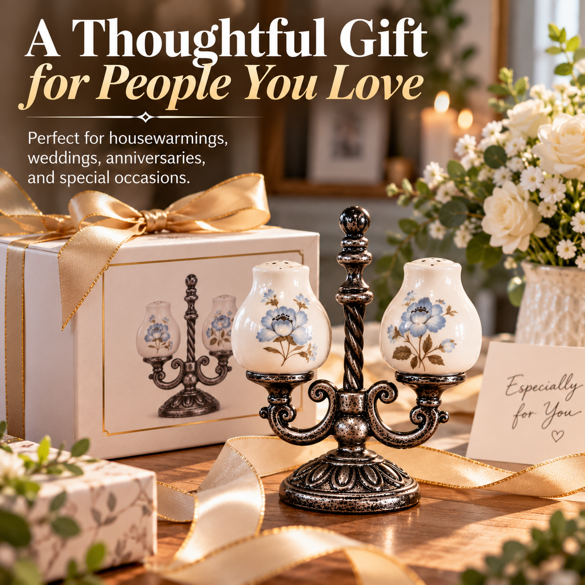FloraVintage™ – Elegant Ceramic Salt & Pepper Shaker Set with Ornate Stand