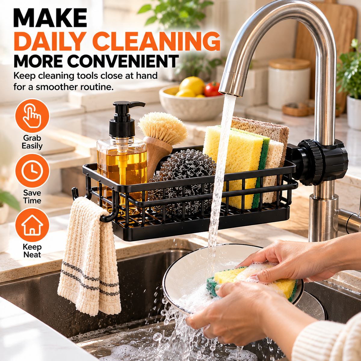 SinkEase™ – Faucet-Mounted Kitchen Sink Organizer