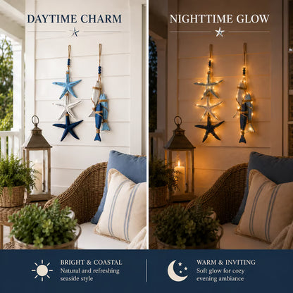 🐟🌊Lighted Coastal Wooden Starfish & Fish Hanging Decor