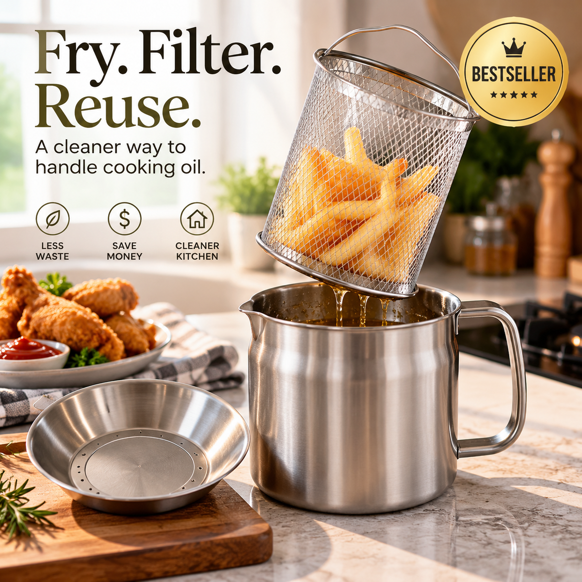 ✨ Stainless Steel Cooking Oil Filter Pot Set | Removable Mesh Basket + Drip Tray | Lift, Drain & Reuse Frying Oil 🍟🔥
