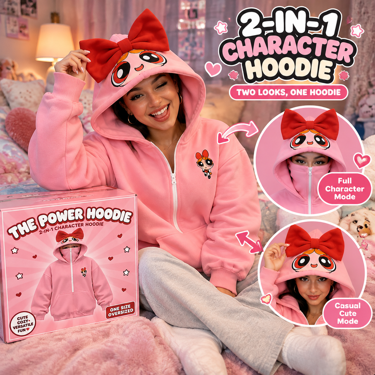 The Power Hoodie – 2-in-1 Oversized Character Zip-Up Hoodie