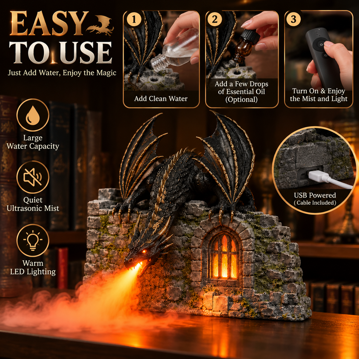Dragon Castle Mist Humidifier ✨ Fantasy Desk Decor
