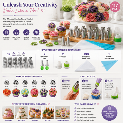 117 Pcs Russian Piping Tips Set, 12 Flower Frosting Nozzles Icing Tips for Cake Decorating Tips Kit, Baking Supplies for Cookie Cupcake, 2 Leaf Piping Tips 2 Couplers 100 Pastry Baking Bags and 1 reusable silicone bag