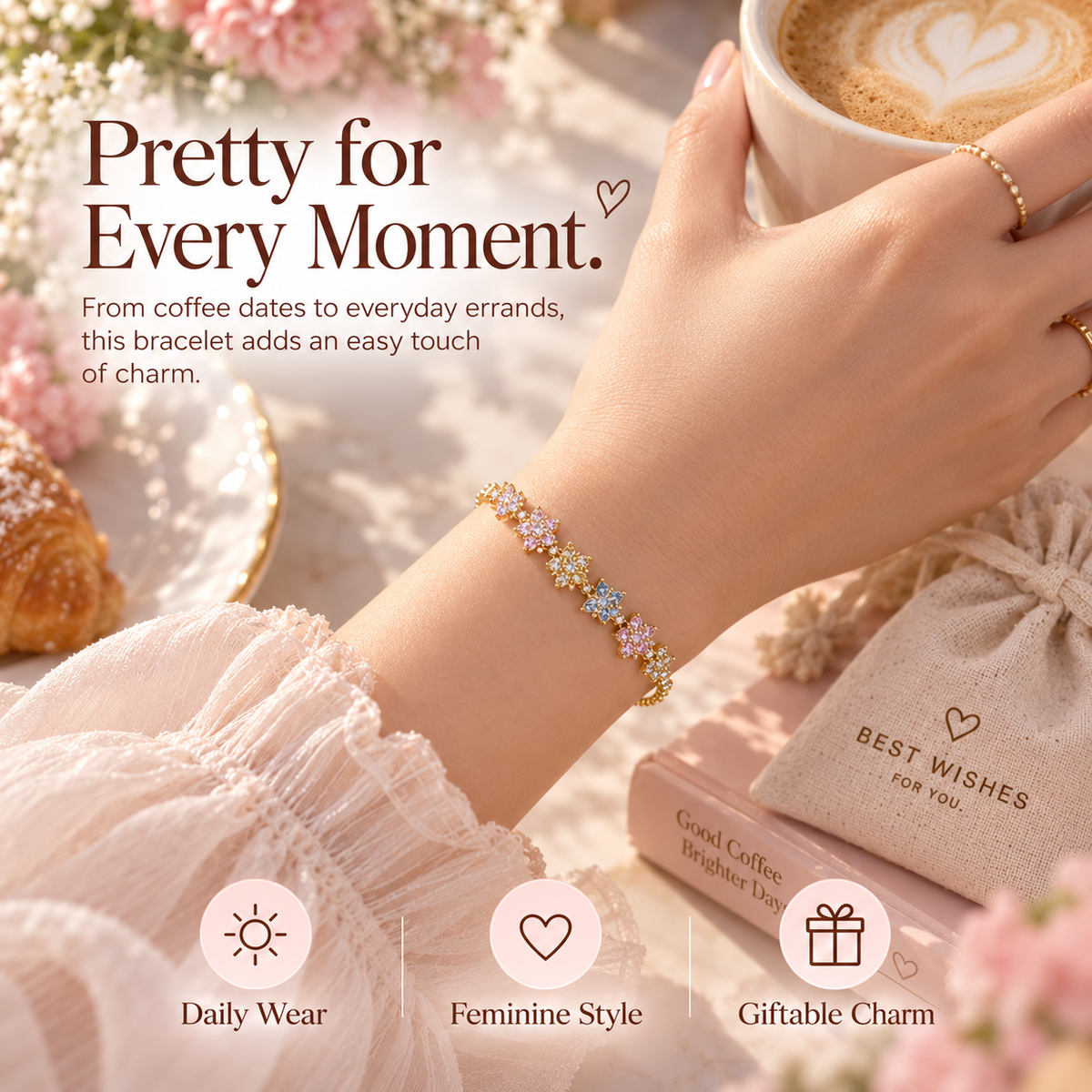 Pastel Bloom Adjustable Flower Bracelet – Delicate Crystal Gift Bracelet