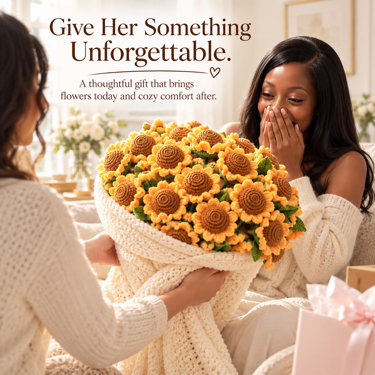 Handmade Sunflower Bouquet Blanket – Crochet Flower Blanket, Unique Gift for Her