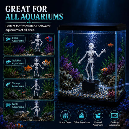 Dancing Skeleton Aquarium Bubbler, Creative Underwater 3D Printed Air Powered Moving Skull Oxygenating Decor with 1-Meter Air Hose