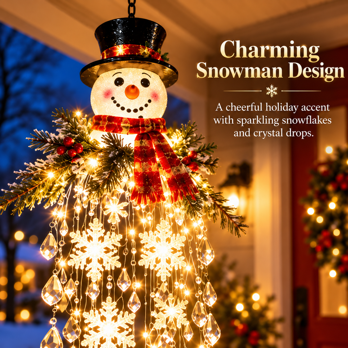 Lighted Snowman Christmas Hanging Decor, Warm LED Snowflake Ornament for Porch, Entryway & Holiday Home Decoration
