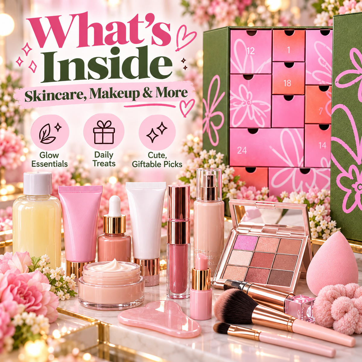 Illustrative beauty advent calendar assortment featuring eyeshadow palette, lipstick, lip gloss, skincare bottles, makeup brushes and a pink beauty sponge