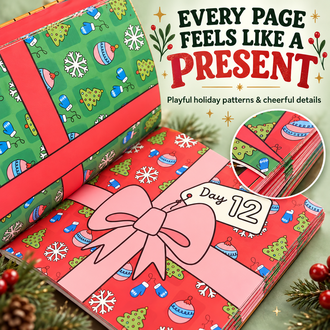 Close-up of gift-wrap-inspired pages with bows, snowflakes, ornaments, and day numbers