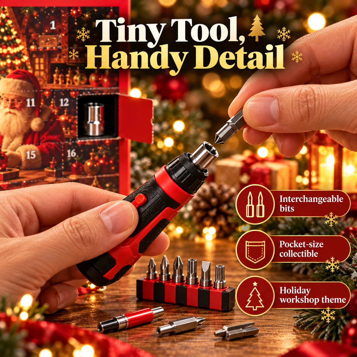 Close-up of miniature red-and-black screwdriver-style item with small interchangeable bit-shaped accessories beside Christmas advent calendar