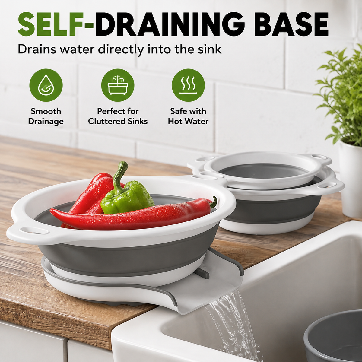 🥗 Collapsible Colander Set With Self-Draining Base | Space Saving Kitchen Strainer