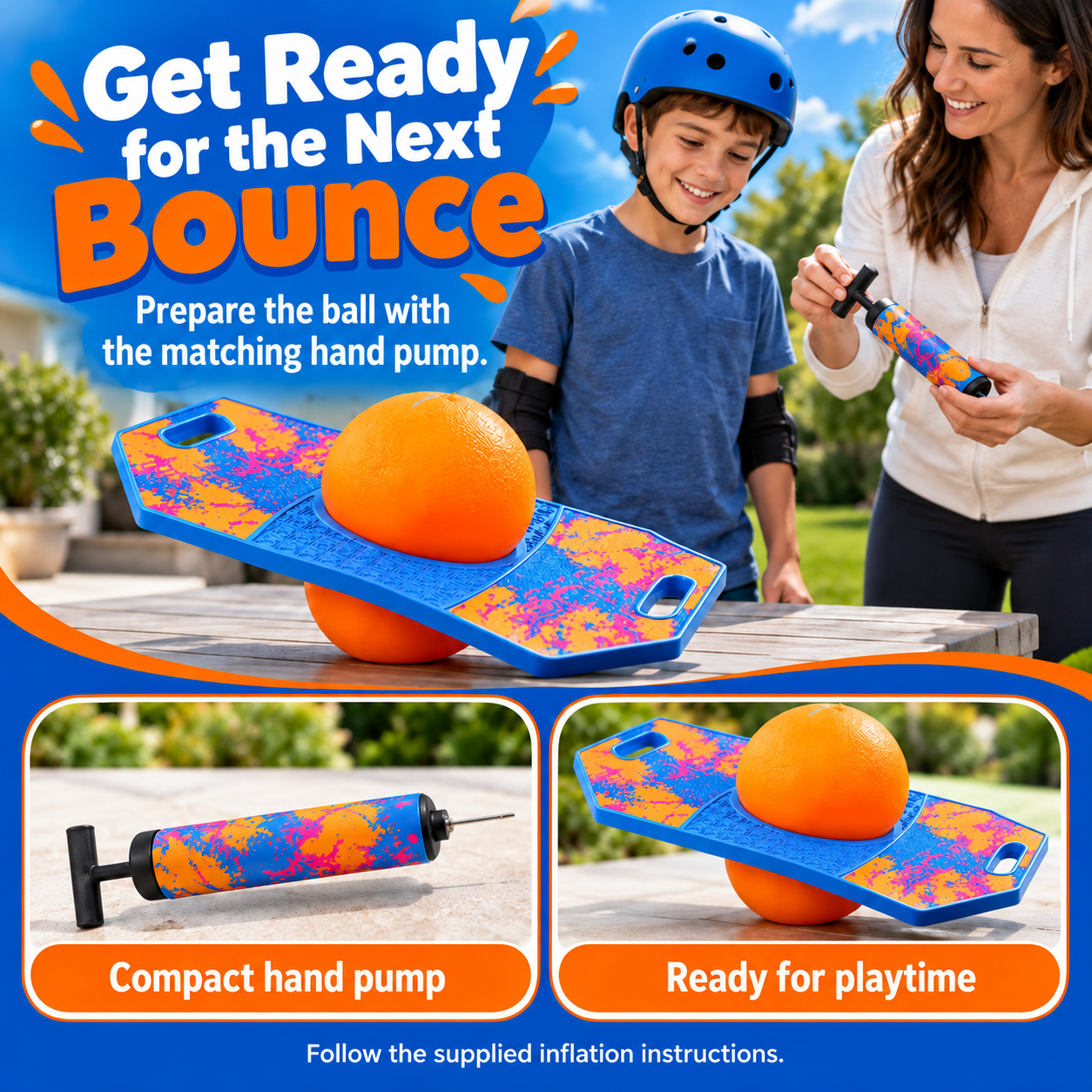 Adult preparing inflatable balance board with hand pump