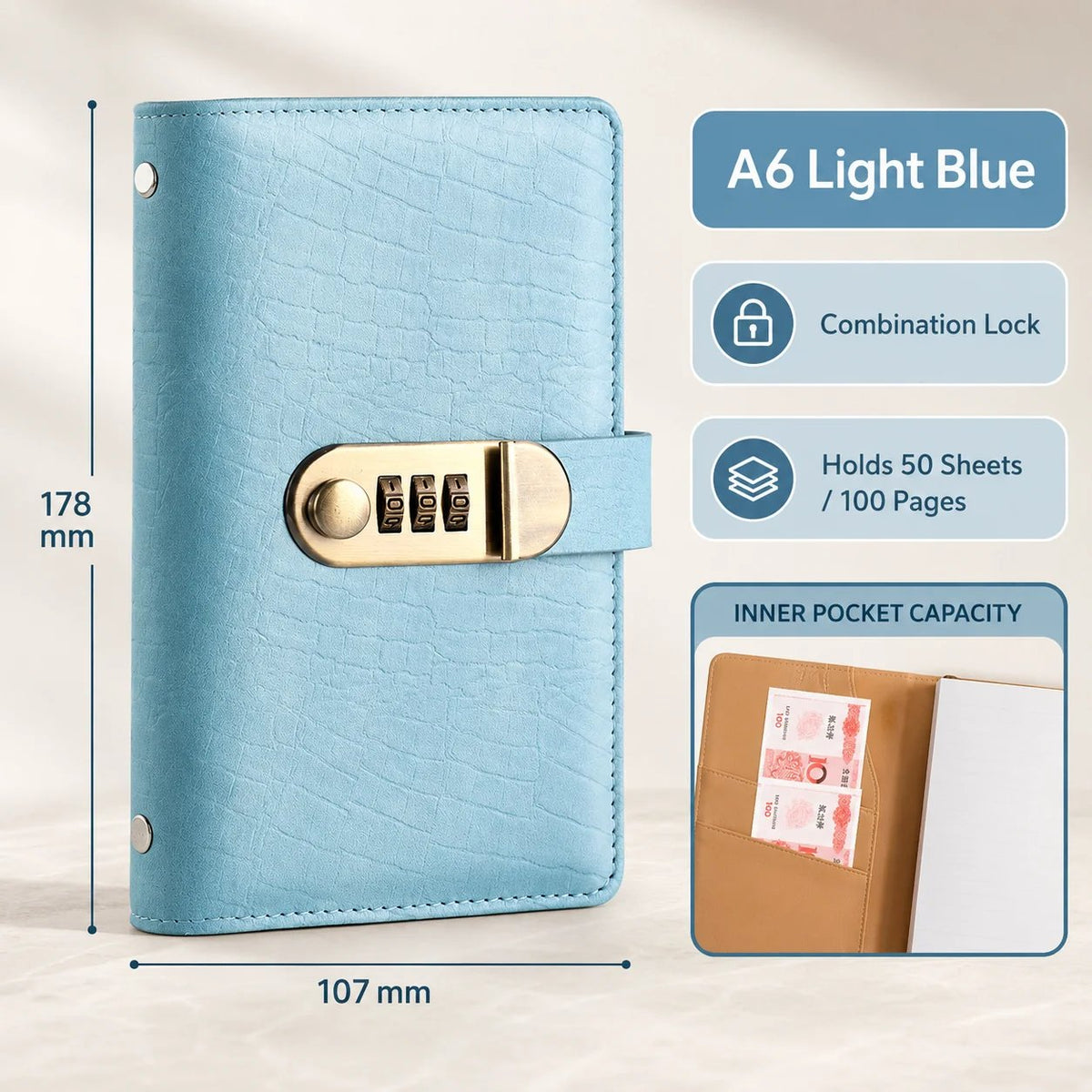 Lake Blue A6 lockable savings notebook with three-digit combination lock and internal pocket