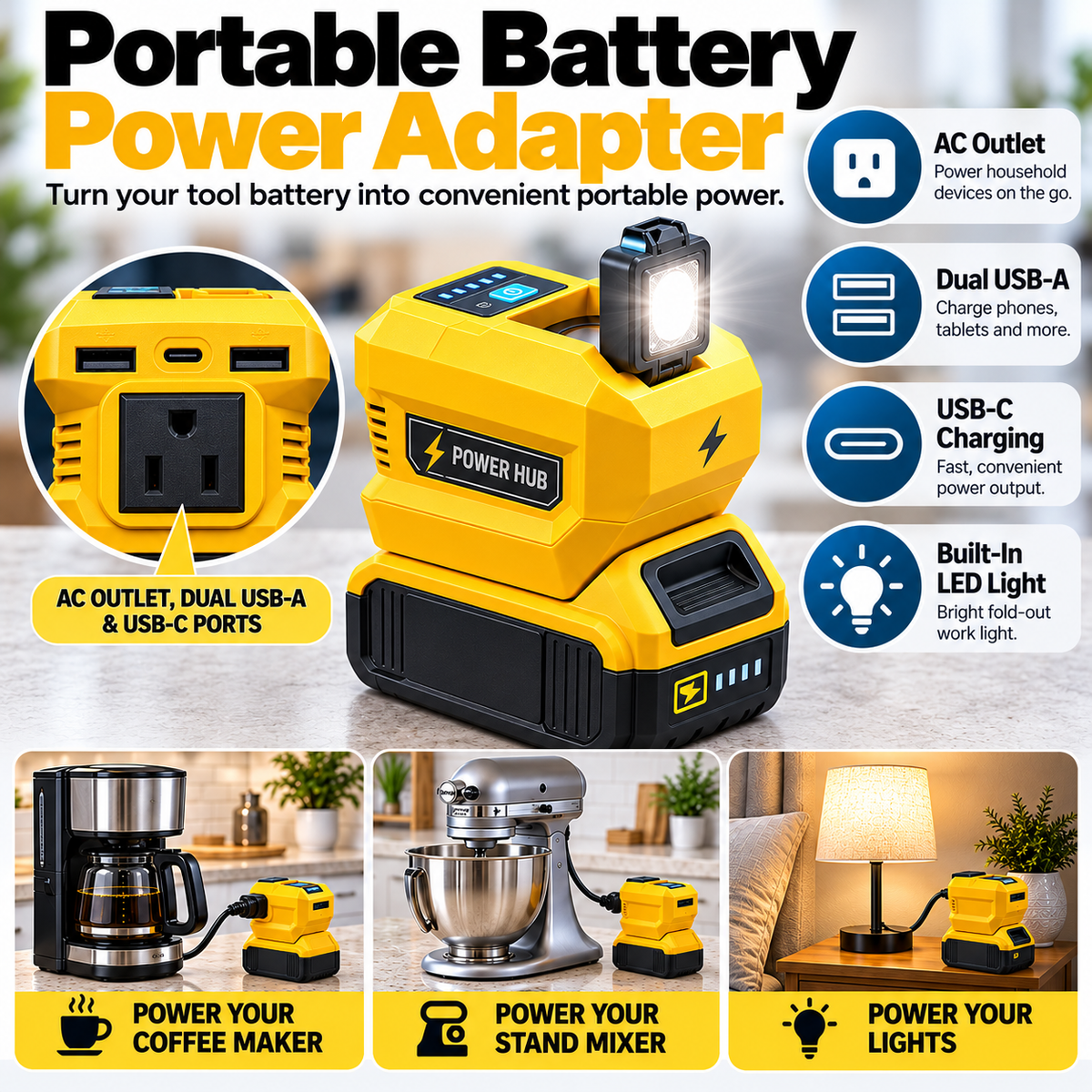⚡ PowerHub Pro™ 20V Portable Battery Power Adapter – AC & USB Charging Station