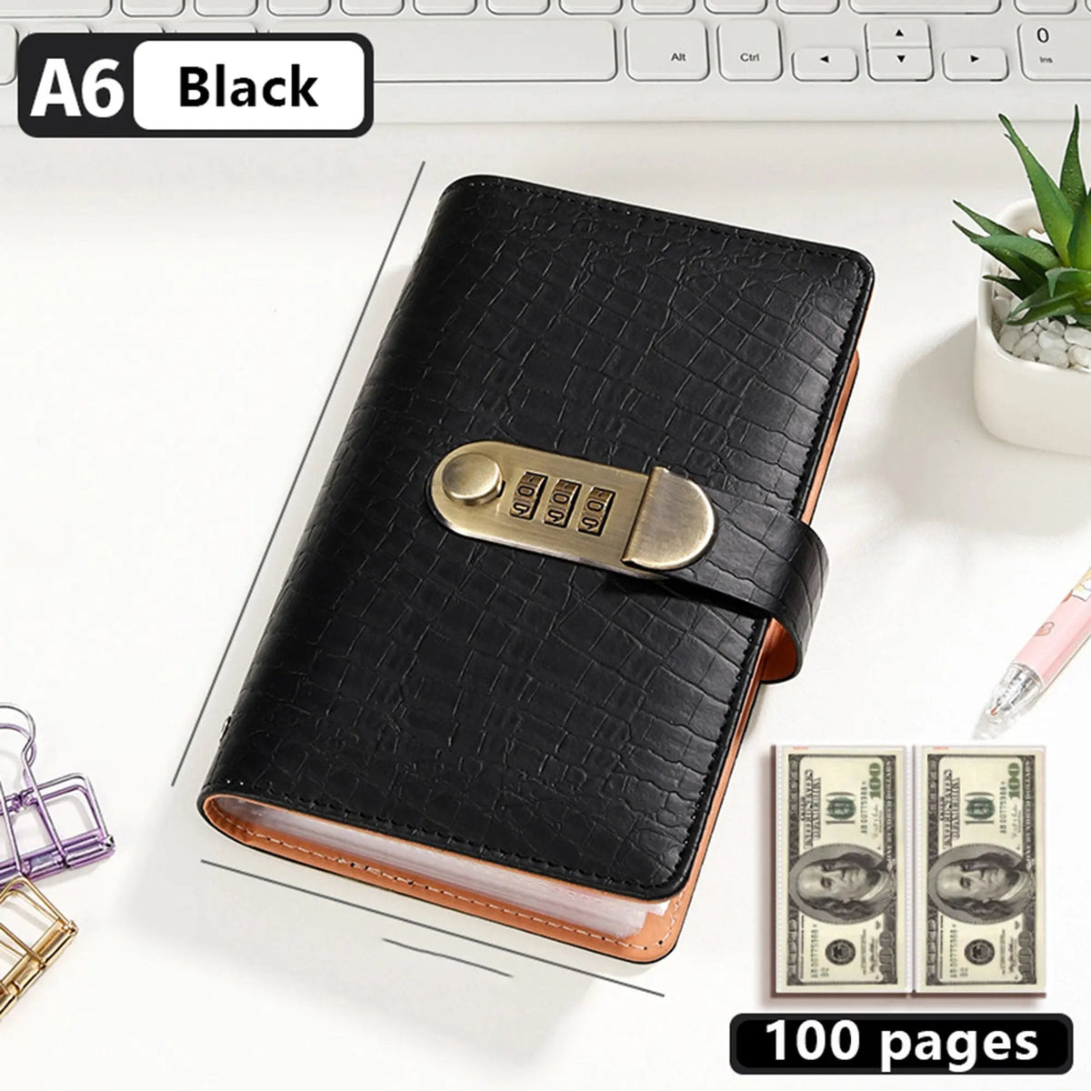 Lockable A6 Budget Binder with 3-Digit Combination Lock – PU Leather Money Saving Organizer & Secret Journal