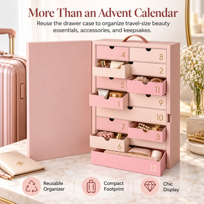 🎀 BeautyBloom™ 12-Day Advent Case – Elegant Beauty Countdown Box with Reusable Storage Drawers